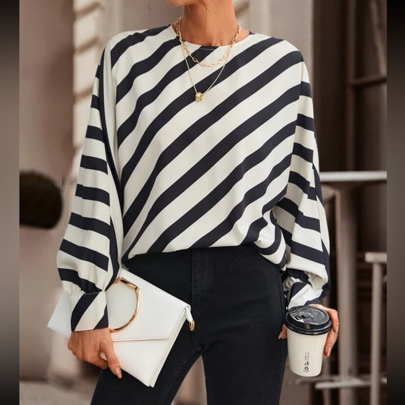 Tops - Classic Elegant Striped Print Batwing Sleeve Blouse Top Shirt